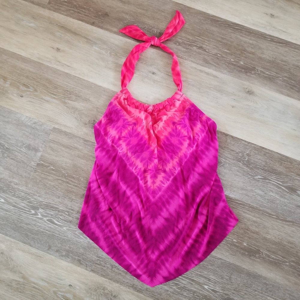 NWT Aqua Green Pink Tie Dye Halter Tankini Swim Top Size Large